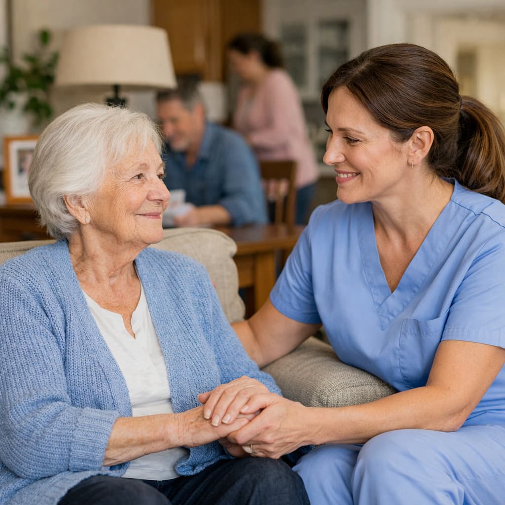 A nurse talking to an elderly woman