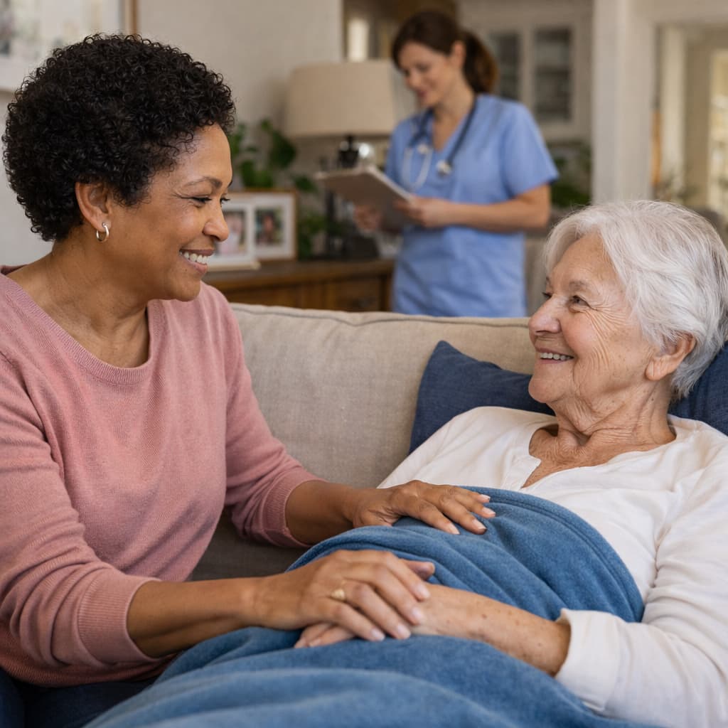 A woman talking to an elderly woman