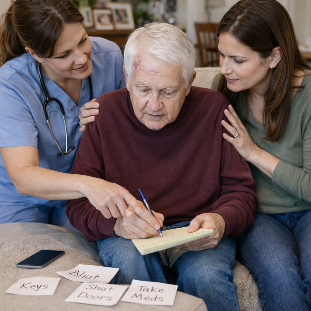 A nurse and an woman helping an elderly man make notes