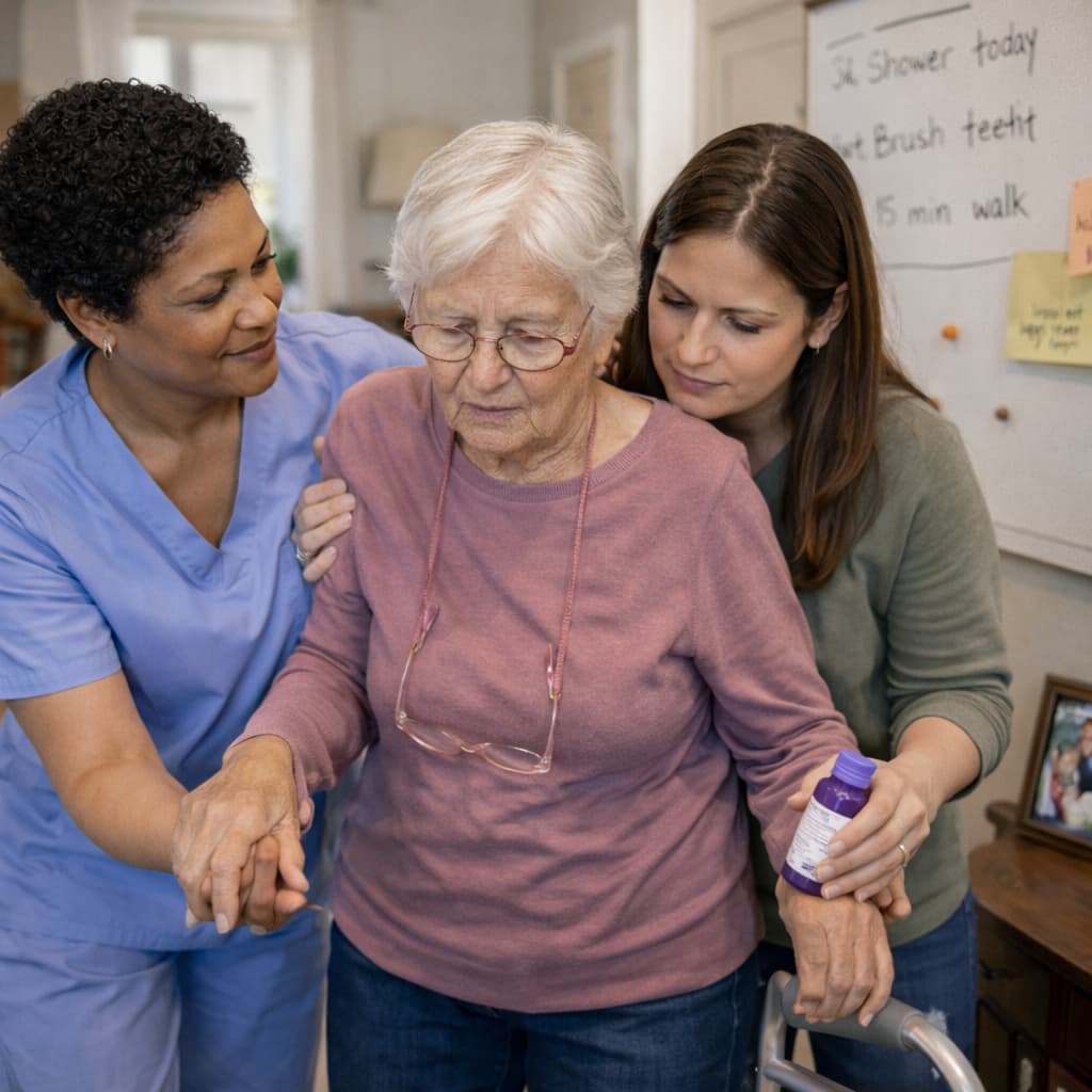A nurse and a woman helping an elderly woman walk