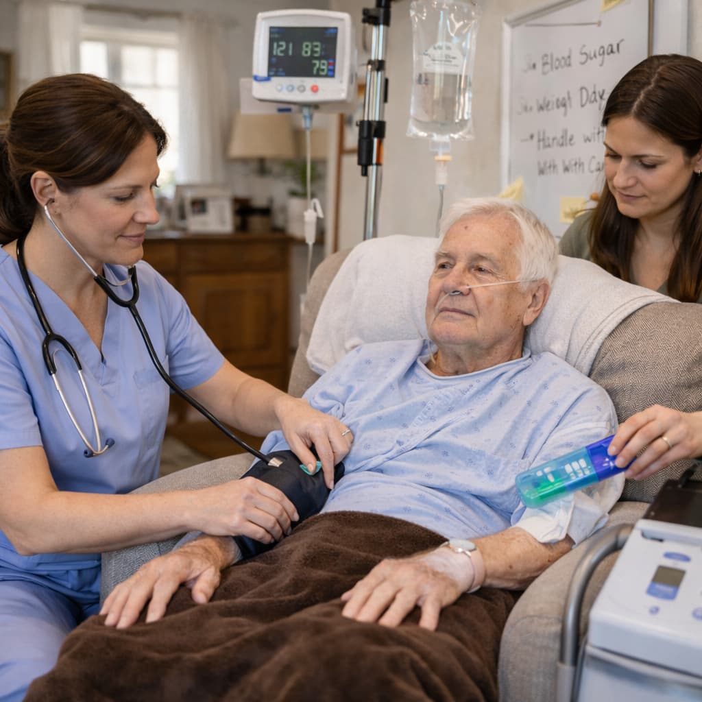 A woman and a nurse talking to an elderly man who is lying in a hospital bed