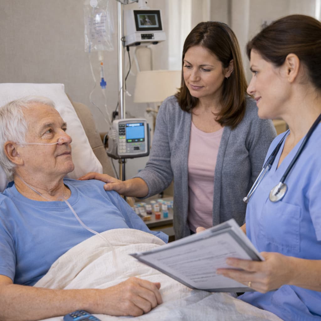 A woman and a nurse talking to an elderly man who is lying in a hospital bed