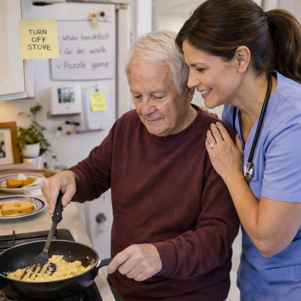 A nurse helping an elderly man cook some eggs