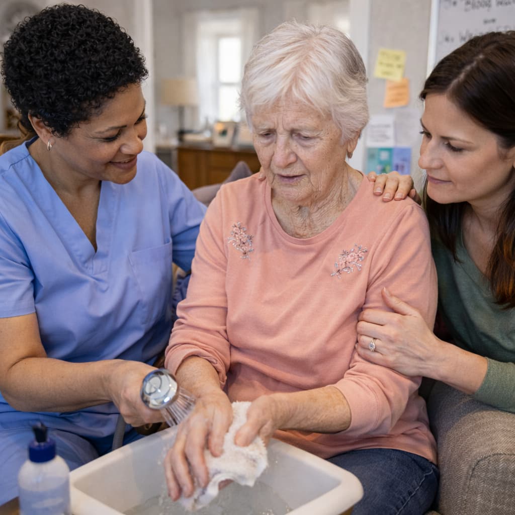 A nurse and a woman helping an elderly woman wash her hands