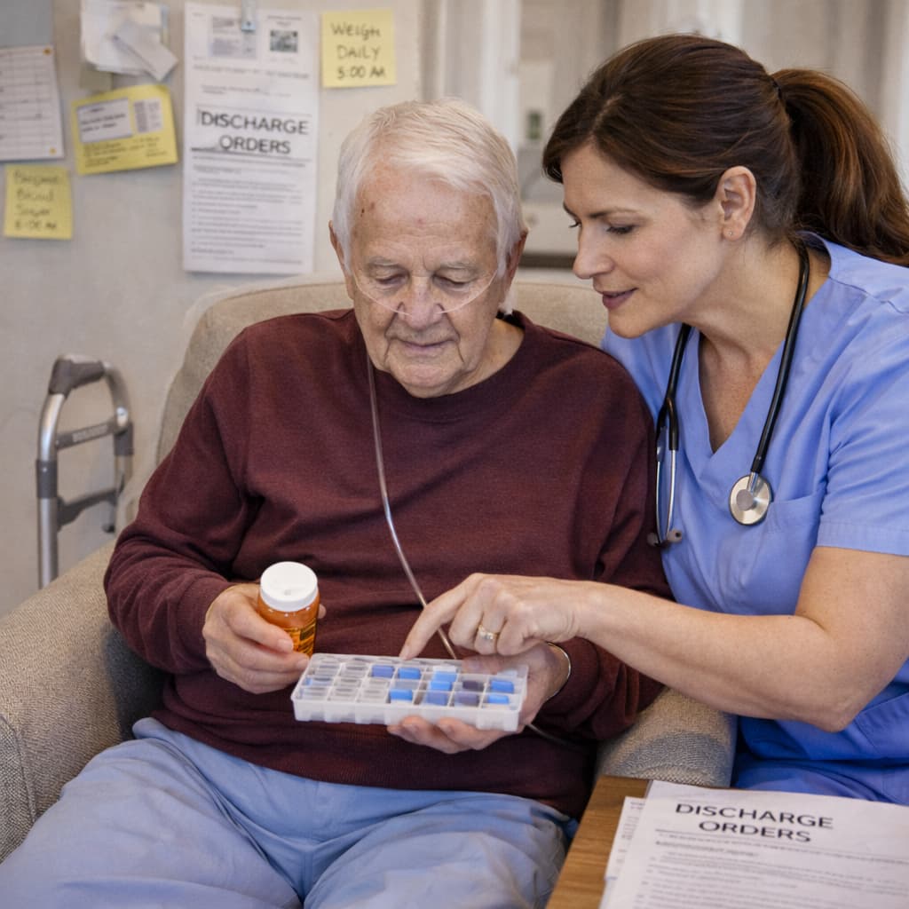 A woman helping an elderly man with his medication