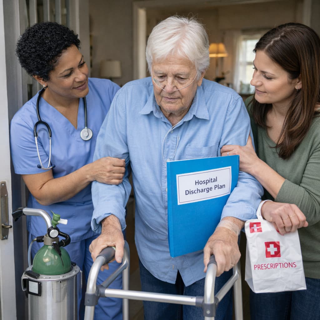 A nurse and a woman helping a elderly woman walking with a zimmer frame
