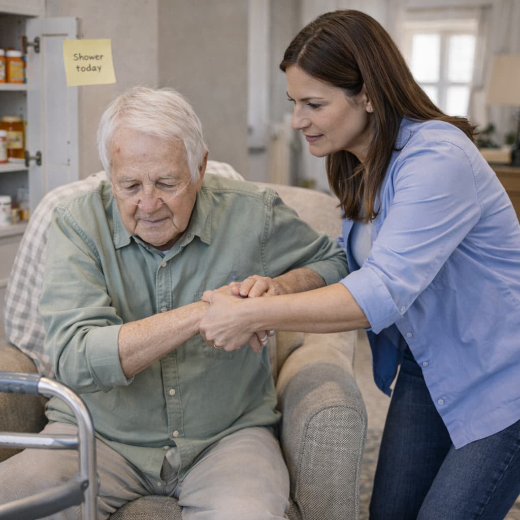 A woman helping an elderly man get out of his chair