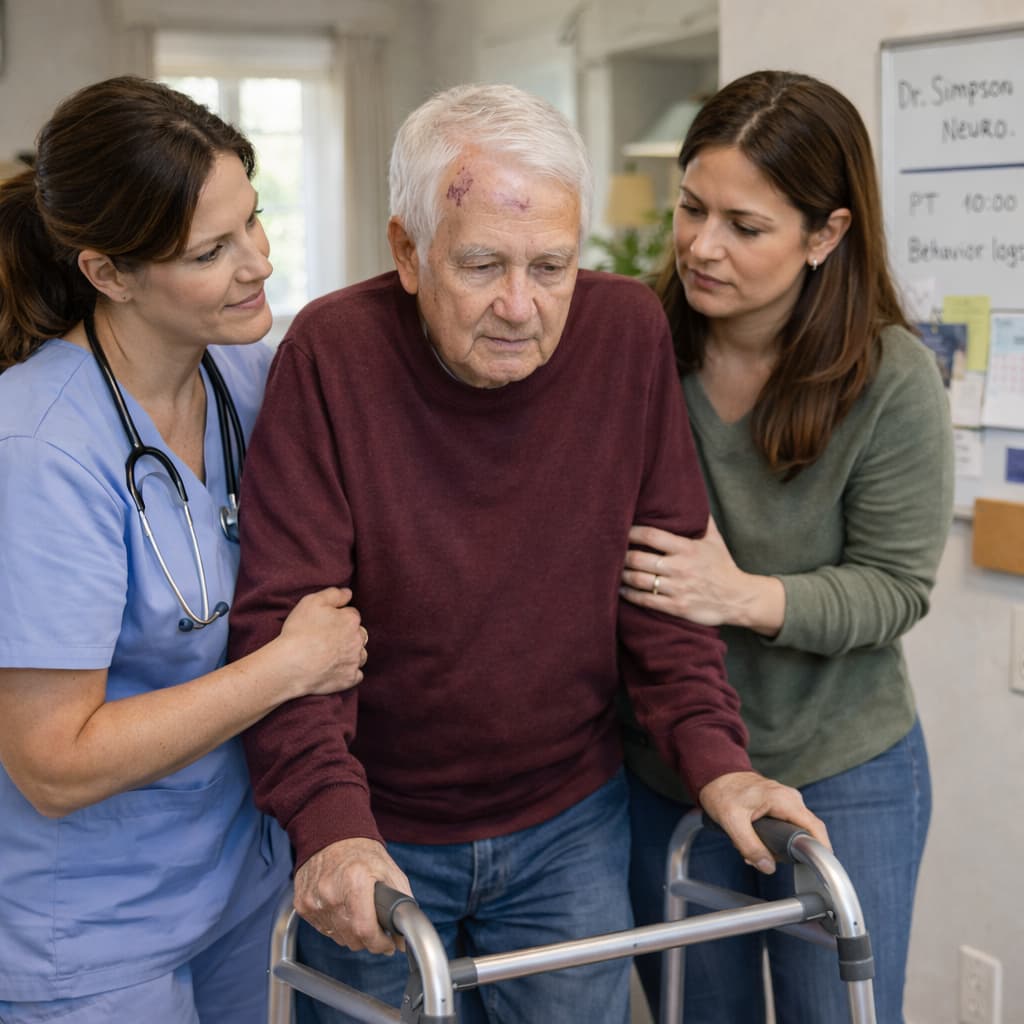 A nurse and a woman helping an elderly man walk with a zimmer frame
