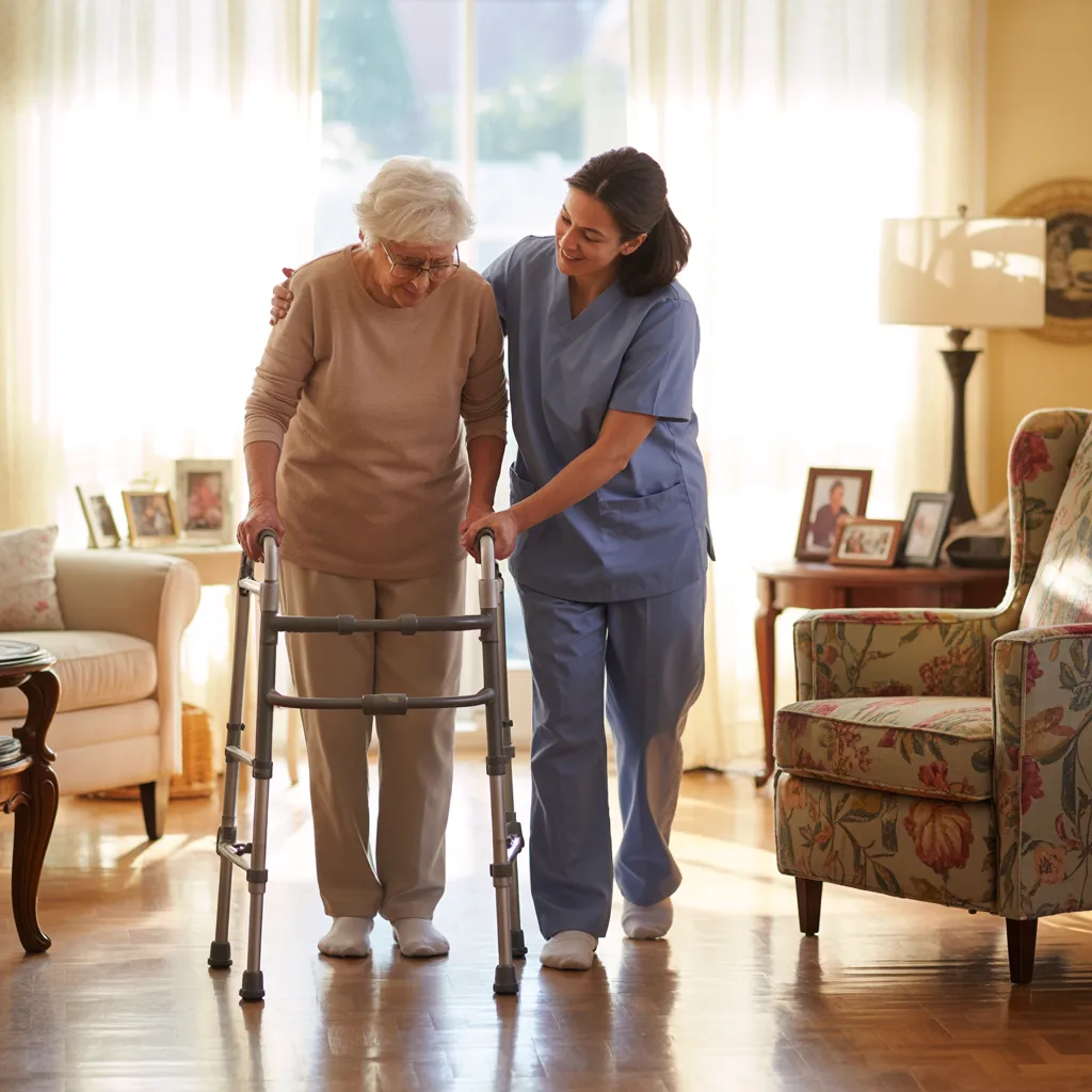 Nurse assisting an elderly woman walking with a zimmer frame
