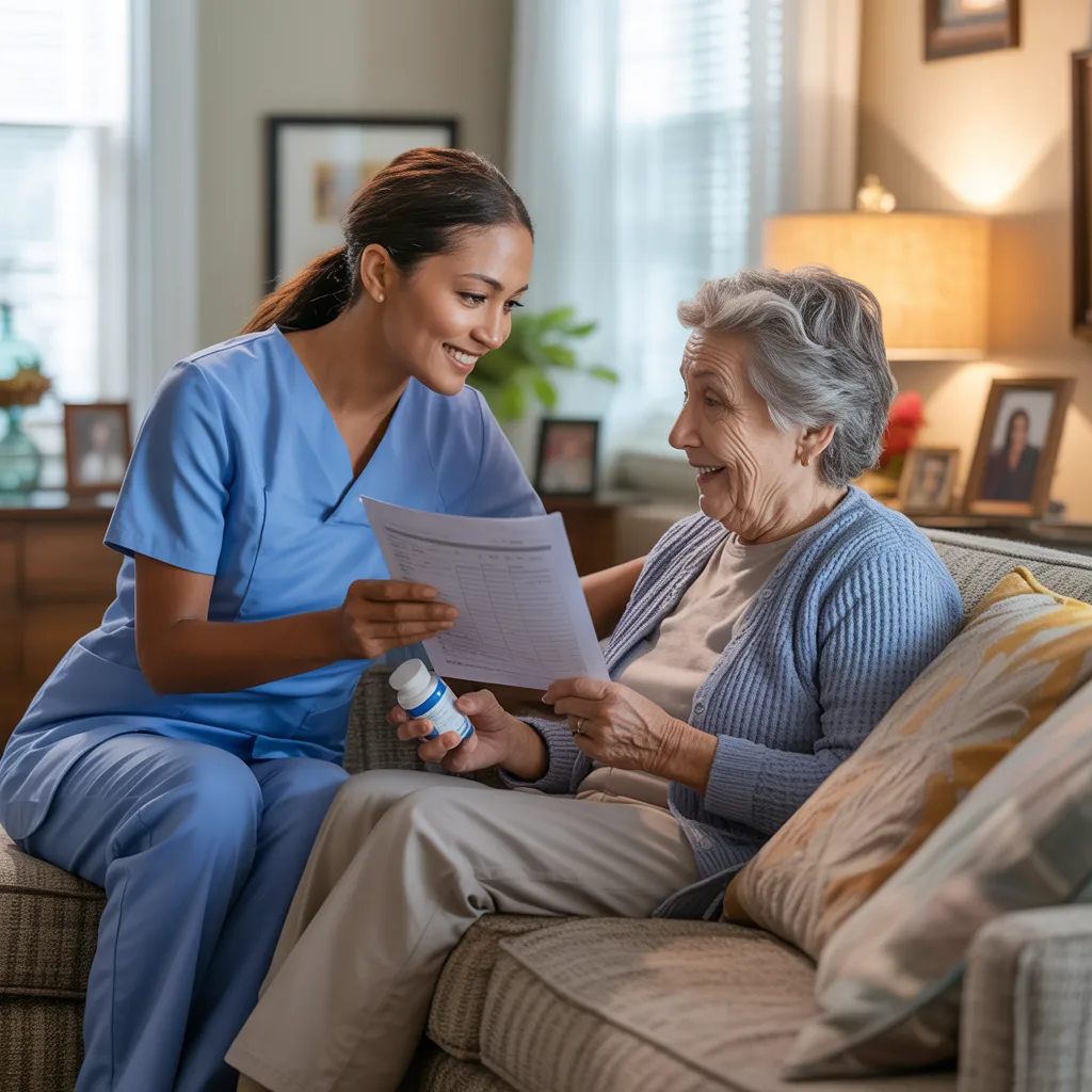 Nurse helping an elderly woman with her medication