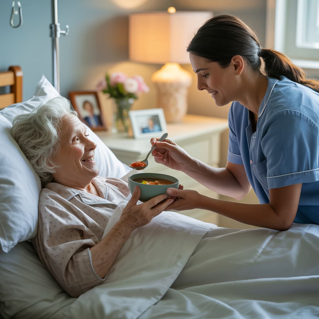 Nurse helping an elderly patient in a bed eat soup